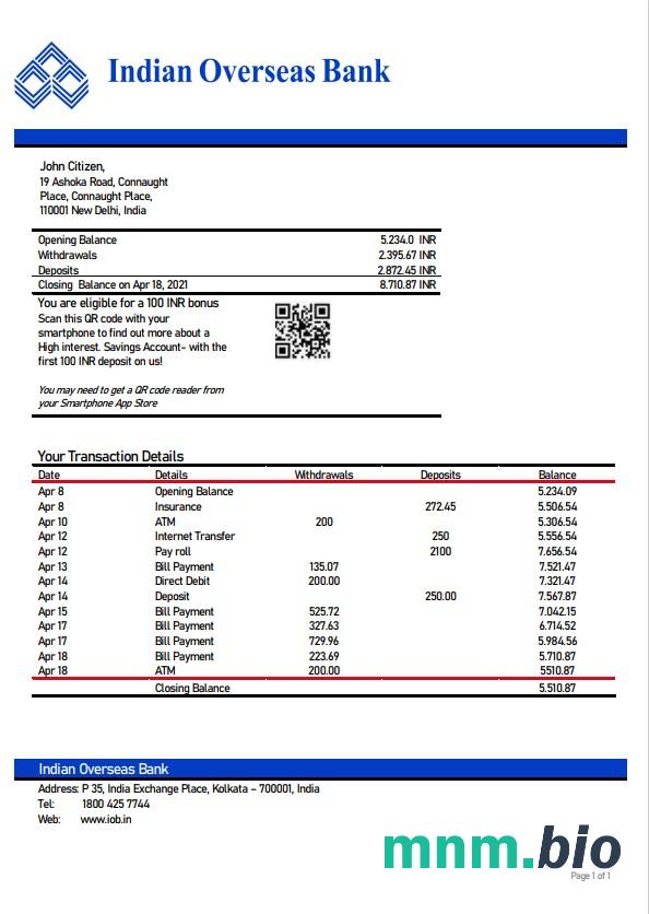 Szablon wyciągu bankowego w Indiach, format Word i PDF, 2 strony